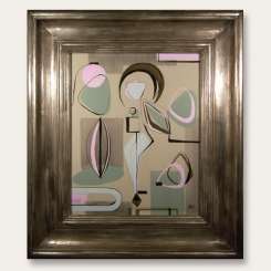 Blue, Pink and Green Abstract Figure in Modern Silver Frame (B99)